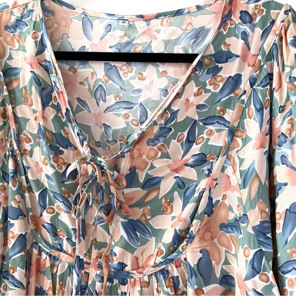 LAST CHANCE SALE!Double Tie Front Boho Floral Print Peasant Long Sleeve Blouse - Picture 3 of 11